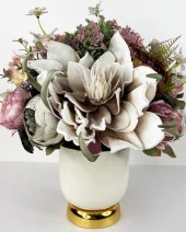 Nettenevime Yapay Çiçek Aranjmanı Gold-Krem Metal Vazolu Nişan Çiçeği İsteme Çiçeği Masa Üstü Çiçeği Arajman 47623 - 5