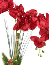 Nettenevime Yapay Çiçek 2 Dal Kırmızı Orkide Gri Seramik Saksıda Orkide 60cm Sevgililer Günü Özel Tasarım - 2