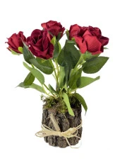 Nettenevime Doğal Ağaç Kütük Üzerine Aranje Edilmiş 5 Adet Yapay Kırmızı Kadife Gül thumbnail 1