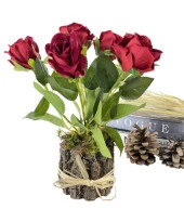 Nettenevime Doğal Ağaç Kütük Üzerine Aranje Edilmiş 5 Adet Yapay Kırmızı Kadife Gül thumbnail 2