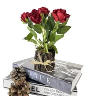 Nettenevime Doğal Ağaç Kütük Üzerine Aranje Edilmiş 5 Adet Yapay Kırmızı Kadife Gül thumbnail 3