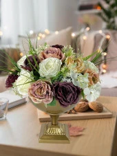 Nettenevime Yapay Çiçek Aranjmanı Kare Ayaklı Konik Metal Antik Gold Vazolu Masa Üstü Çiçeği Arajman 19408 thumbnail 2