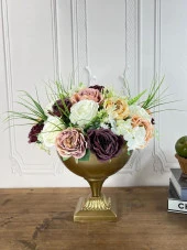 Nettenevime Yapay Çiçek Aranjmanı Kare Ayaklı Konik Metal Antik Gold Vazolu Masa Üstü Çiçeği Arajman 19408 thumbnail 6