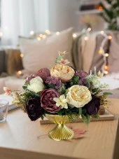 Nettenevime Yapay Çiçek Aranjmanı Desenli Metal Gold Vazolu Kahve Somon Pudra Tonlu Gülller Masa Üstü Çiçeği Arajman 39375 thumbnail 2