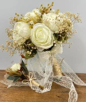 Nettenevime Gelin Çiçeği Yapay Çiçek Krem Şakayık Ve Kuru Cipso lu Gelin Buketi - 1