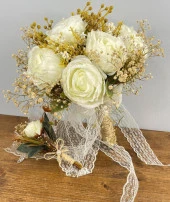 Nettenevime Gelin Çiçeği Yapay Çiçek Krem Şakayık Ve Kuru Cipso lu Gelin Buketi - 2