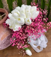 Nettenevime Gelin Çiçeği Yapay Çiçek Beyaz Islak Lale Ve Pembe Cipso Aranjmanı Gelin Buketi - 2