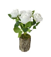 Nettenevime Doğal Ağaç Kütük Üzerine Aranje Edilmiş 5 Adet Yapay Beyaz Kadife Gül thumbnail 1