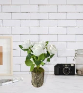 Nettenevime Doğal Ağaç Kütük Üzerine Aranje Edilmiş 5 Adet Yapay Beyaz Kadife Gül thumbnail 3