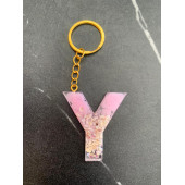 Y Harfi Pembe Renk Epoksi ve Deniz Kabuğu Kırığı Süslemeli Gold Halka Anahtarlık El Yapımı Hediyelik - 2