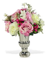 Nettenevime Yapay Çiçek Aranjmanı Pembe Beyaz Gül ve Kokinalı Gümüş Cam Kupa Vazoda Nişan Çiçeği İsteme Çiçeği thumbnail 1