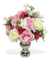 Nettenevime Yapay Çiçek Aranjmanı Pembe Beyaz Gül ve Kokinalı Gümüş Cam Kupa Vazoda Nişan Çiçeği İsteme Çiçeği thumbnail 3