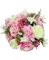 Nettenevime Yapay Çiçek Aranjmanı Pembe Beyaz Gül ve Kokinalı Gümüş Cam Kupa Vazoda Nişan Çiçeği İsteme Çiçeği thumbnail 4