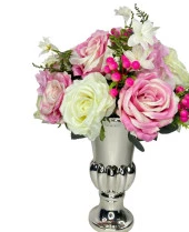 Nettenevime Yapay Çiçek Aranjmanı Pembe Beyaz Gül ve Kokinalı Gümüş Cam Kupa Vazoda Nişan Çiçeği İsteme Çiçeği thumbnail 5