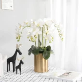 3lü Set Yapay Çiçek Islak Orkide ve 2 Adet Orkide Yaprağı Gerçeksi Doku Uzun Dal 90cm - 3