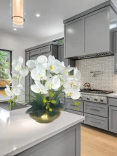 Nettenevime Yapay Çiçek 5li Beyaz Islak Orkide Metal Yuvarlak Eski Gold Vazoda Orkide 50cm thumbnail 3