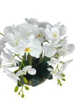 Nettenevime Yapay Çiçek 5li Beyaz Islak Orkide Metal Yuvarlak Eski Gold Vazoda Orkide 50cm thumbnail 4