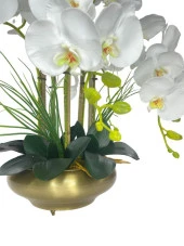 Nettenevime Yapay Çiçek 5li Beyaz Islak Orkide Metal Yuvarlak Eski Gold Vazoda Orkide 50cm thumbnail 6