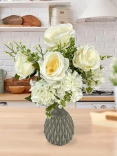 Yapay Çiçek Ortanca ve Gül Demeti 40*25cm Büyükboy KREM - 7
