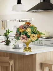 Nettenevime Yapay Çiçek Aranjmanı Büyük Boy Somon Tonlar Gold Metal Vazolu Arajman Nişan Kız İsteme Çiçeği - 2