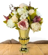 Nettenevime Yapay Çiçek Aranjmanı Pembe Beyaz Krem Rengi Gold Cam Vazoda Nişan Çiçeği İsteme Çiçeği thumbnail 1