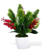 Nettenevime Yapay Çiçek Yılbaşı Çiçeği Kırmızı Kokina Ve Çam Dalı  Beyaz aksıda 30*20cm thumbnail 2