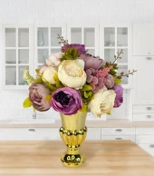 Nettenevime Yapay Çiçek Aranjmanı Mor Pembe Gülkurusu Rengi Gold Cam Vazoda Nişan Çiçeği İsteme Çiçeği thumbnail 2