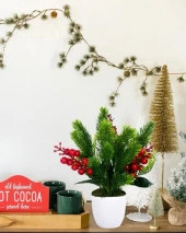 Nettenevime Yapay Çiçek Yılbaşı Çiçeği Kırmızı Kokina Ve Çam Dalı  Beyaz aksıda 30*20cm thumbnail 5