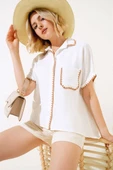 Midye Dikişli Kısa Kol Gömlek Ekru - 1