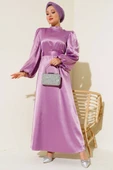 Balon Kol Kuşaklı Saten Elbise Lila thumbnail 2