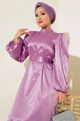 Balon Kol Kuşaklı Saten Elbise Lila thumbnail 1