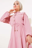 Önü Yarım Düğmeli Kat Kat Elbise Pudra thumbnail 2