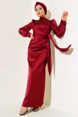 Yandan Bağlamalı Saten Elbise Bordo thumbnail 1