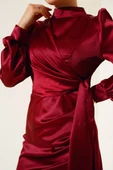 Yandan Bağlamalı Saten Elbise Bordo thumbnail 4