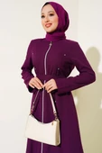 Taş Detaylı Fermuarlı Ferace Menekşe - 2