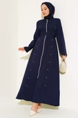 Taş Detaylı Fermuarlı Ferace Lacivert thumbnail 1