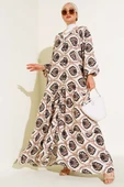 Hakim Yaka Desenli Salaş Elbise Bej thumbnail 1