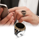 Siyah Oniks Taşlı Tuğra Desenli 925 Gümüş Erkek Yüzük - 12