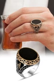 Siyah Oniks Taşlı Tuğra Desenli 925 Gümüş Erkek Yüzük - 2