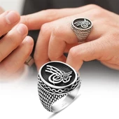 Oval Tuğra Desenli Gümüş Erkek Yüzük - 7