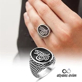 Oval Tuğra Desenli Gümüş Erkek Yüzük - 5