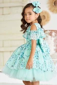 Kız Çocuk Omzu Açık Göğsü Fırfırlı Çiçek Detaylı Yeşil Abiye thumbnail 1