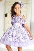 Kız Çocuk Omzu Açık Göğsü Fırfırlı Çiçek Detaylı Mor Abiye thumbnail 2