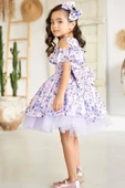Kız Çocuk Omzu Açık Göğsü Fırfırlı Çiçek Detaylı Mor Abiye thumbnail 3