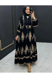 ELEGANTSTİL VİSKON KUMAŞ BOL KALIP SİYAH TESETTÜR ELBİSE ETNİK DESENLİ - 1