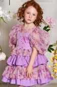 Kız Çocuk Çiçek Detaylı Katkat Fırfırlı Mor Abiye thumbnail 3