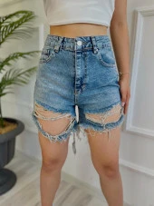 Kadın Yırtıklı Kot Şort Mavi thumbnail 2