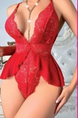 Night Light Kadın Kırmızı Zincir Detaylı Bodysuit 3597 - 1