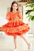 Kız Çocuk Çiçek Detaylı Katkat Fırfırlı Turuncu Abiye thumbnail 3