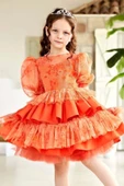 Kız Çocuk Çiçek Detaylı Katkat Fırfırlı Turuncu Abiye thumbnail 1
